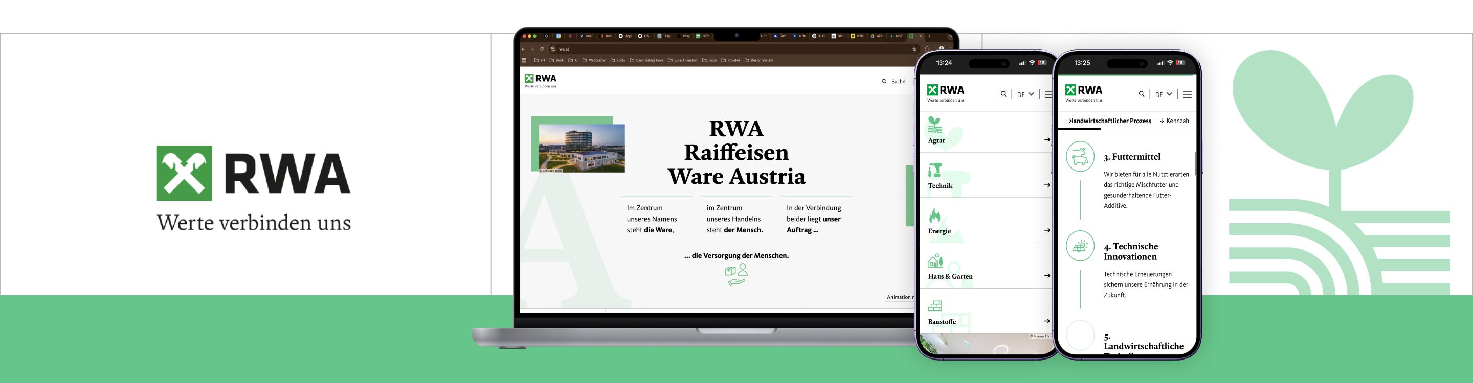 Screenshots eingebaut in einen Header mit grünem Rand und RWA Logo