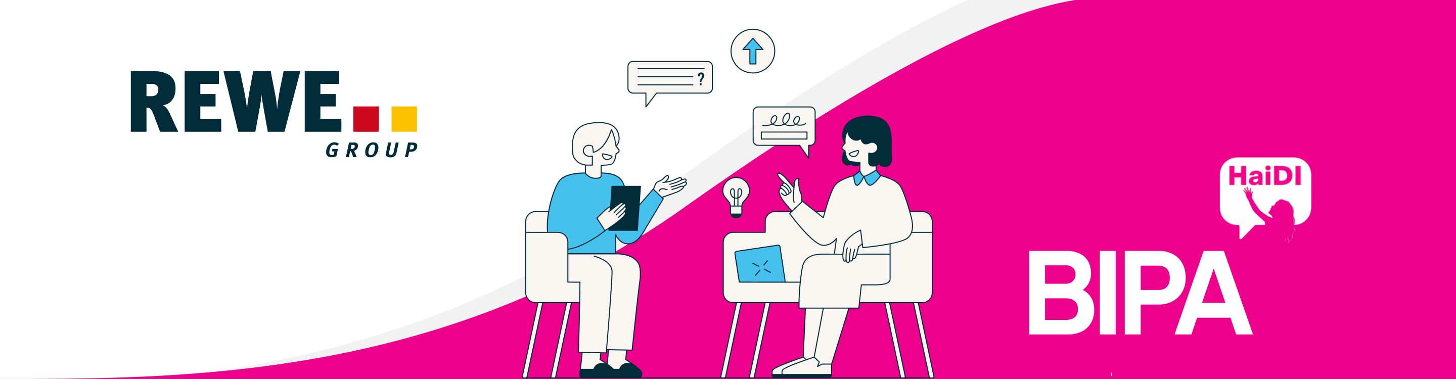 Zwei stilisierte Figuren mit Tablets, REWE und BIPA Logos auf pink-weißem Hintergrund.