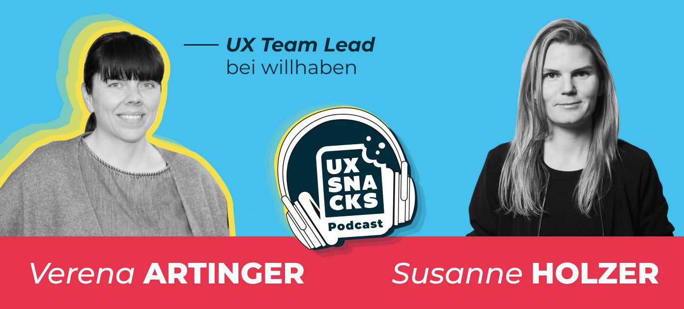 UX Snacks Podcast-Banner mit Verena und Susanne, auf blau-rotem Hintergrund.
